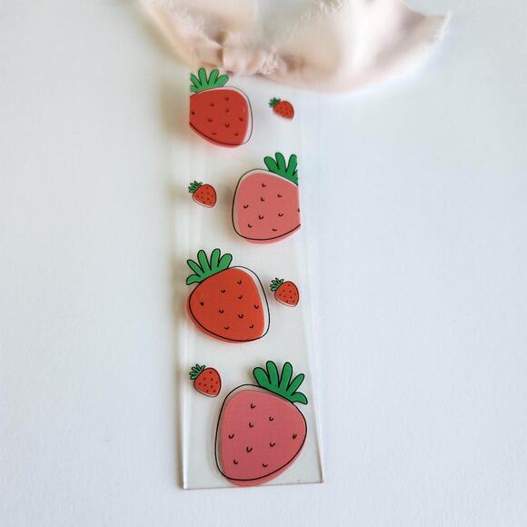 Artsy Strawberries Berry Print Bookmark Ribbon Bow Pink Coquette Bookish Gift - Picture 6 of 9